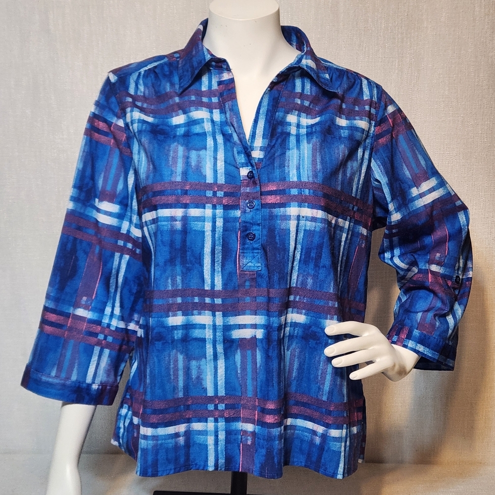 C D Petites Button Up Blouse  Blue Purple XL Plaid Stripes